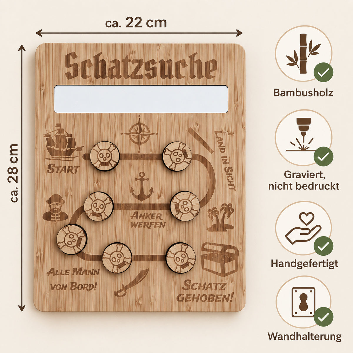 Vorteile der Schatzsuche-Belohnungstafel aus Holz mit graviertem Text, magnetischen Münzen und Wandhalterung