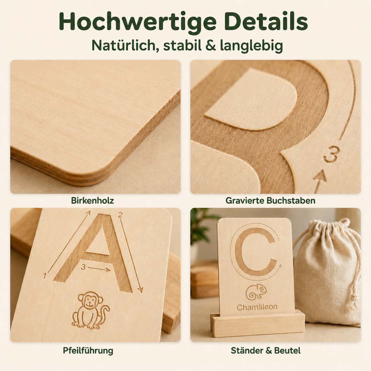 Detailübersicht der sensorischen Buchstabenkarten aus Birkenholz mit gravierten Buchstaben, Pfeilführung, Holzständer und Stoffbeutel