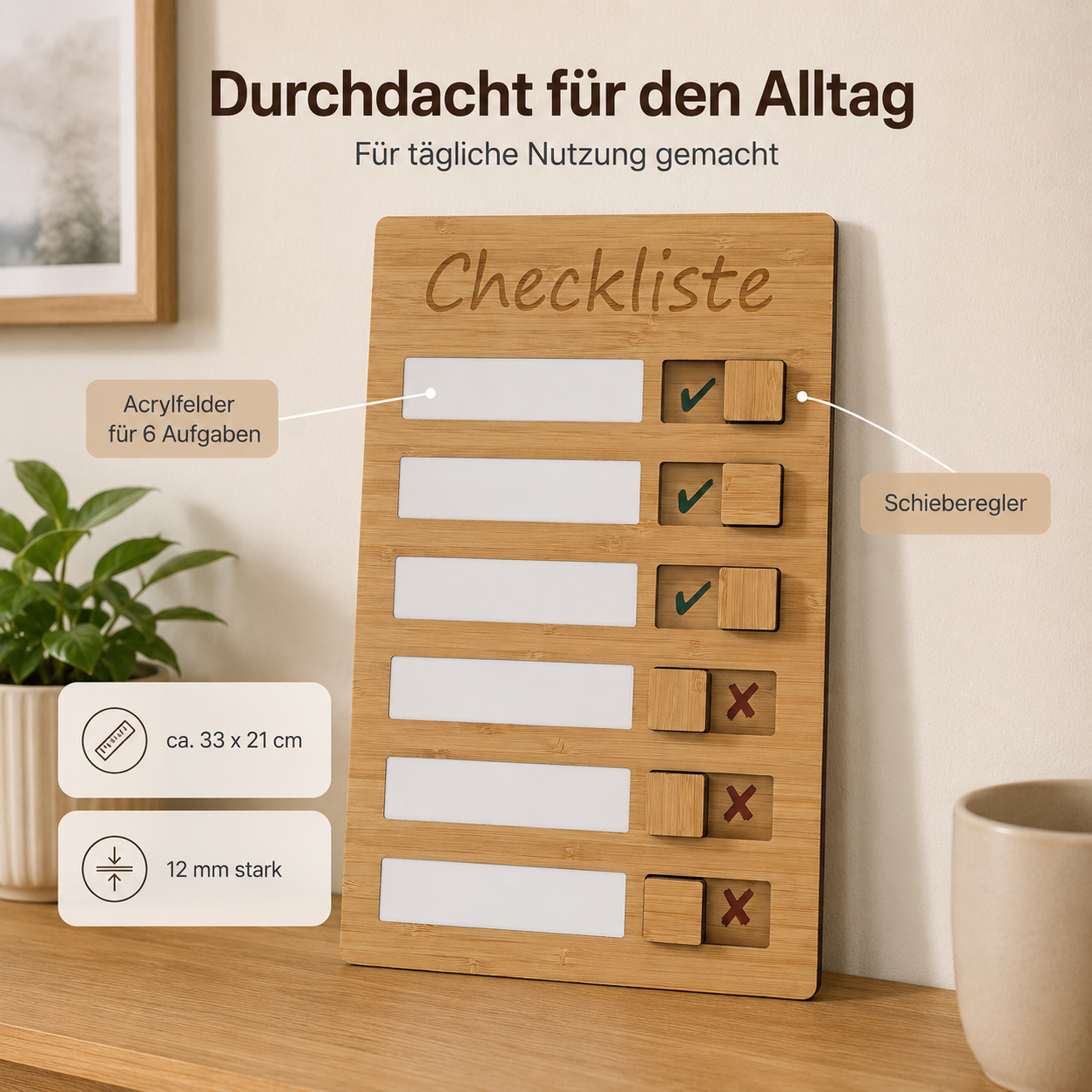 Holz-Checkliste mit sechs beschreibbaren Aufgabenfeldern, Schiebereglern und Wandhalterung