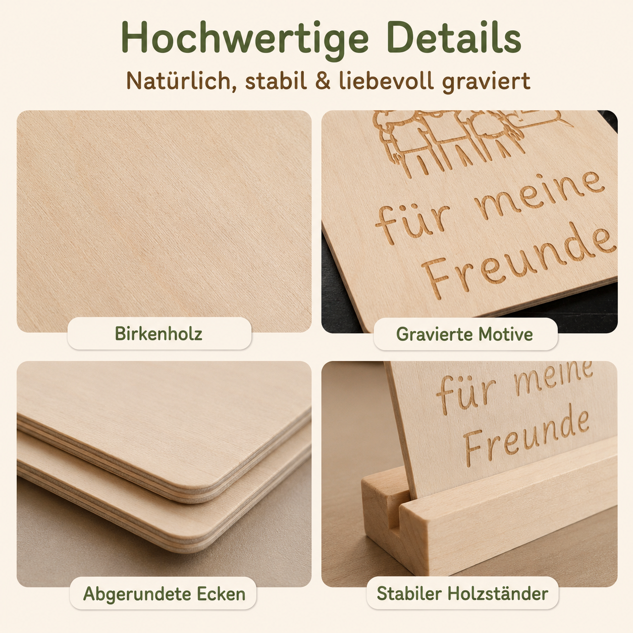 Detailansicht der Dankbarkeitskarten aus Birkenholz mit gravierten Motiven, abgerundeten Ecken und stabilem Holzständer