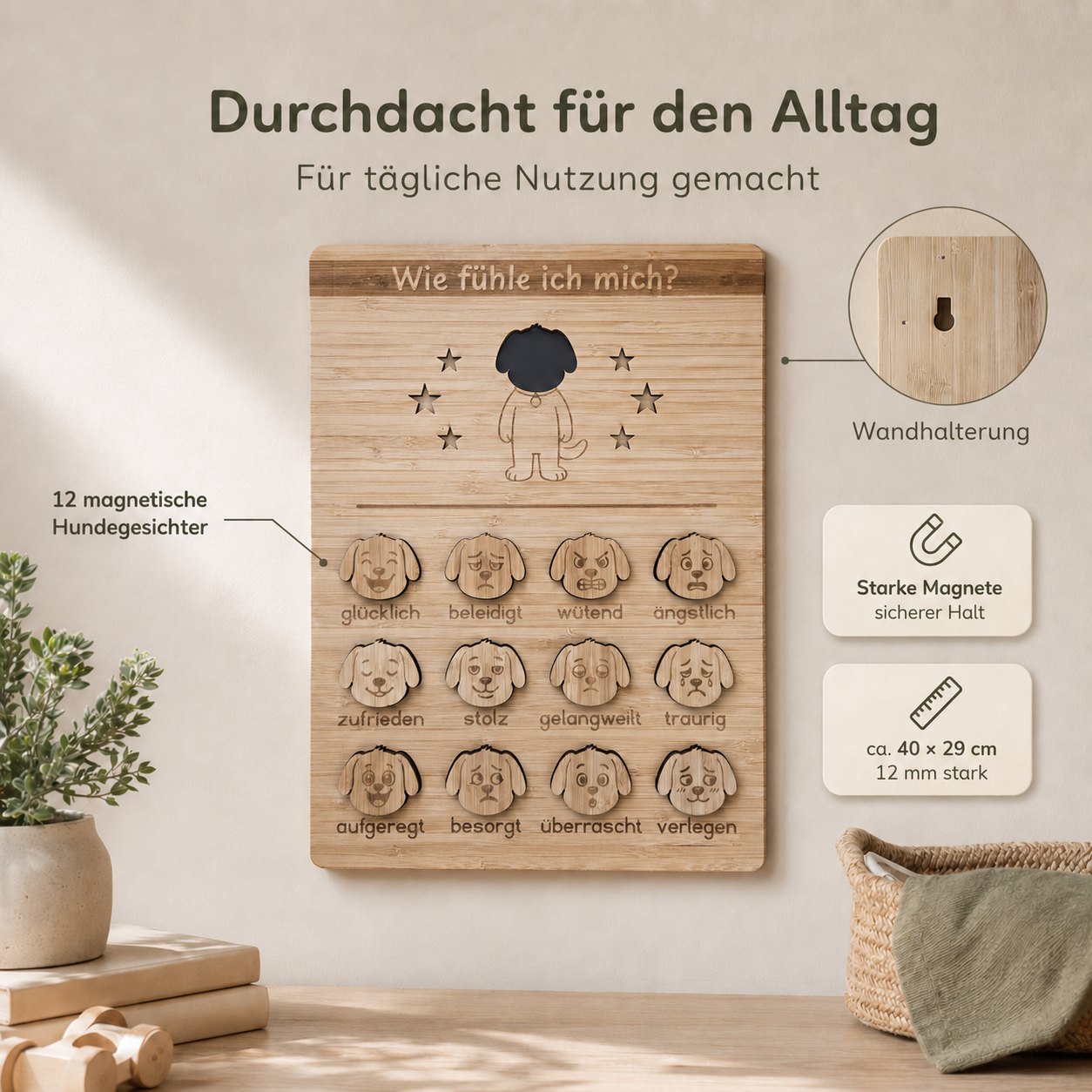 Gefühlstafel Hund aus Holz mit 12 magnetischen Hundegesichtern, Wandhalterung und ca. 40 × 29 cm Größe