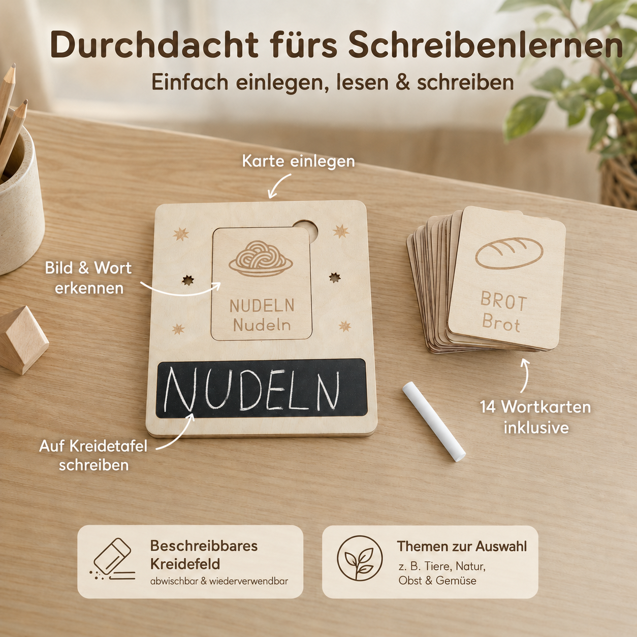 Lernbrett mit eingelegter Wortkarte, beschreibbarem Kreidefeld und Stapel gravierter Wortkarten