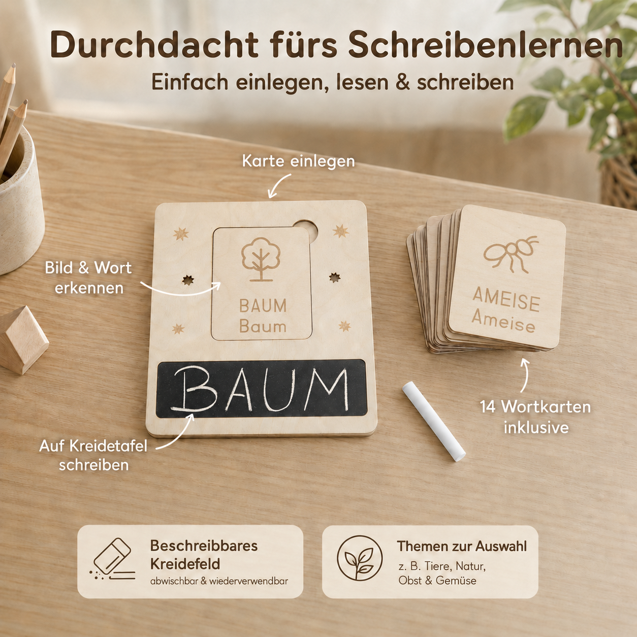 Lernbrett mit eingelegter Wortkarte, beschreibbarem Kreidefeld und Stapel gravierter Wortkarten