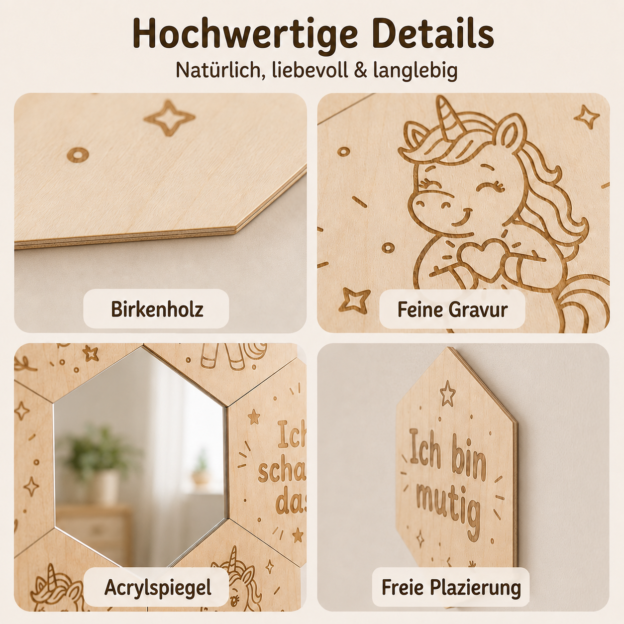 Detailansichten des Mutmach-Spiegels Einhorn Natur mit feiner Gravur, Acrylspiegel und freier Platzierung an der Wand