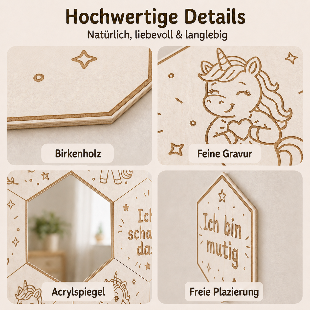 Detailansichten des Mutmach-Spiegels Einhorn weiß mit feiner Gravur, Acrylspiegel und freier Platzierung an der Wand