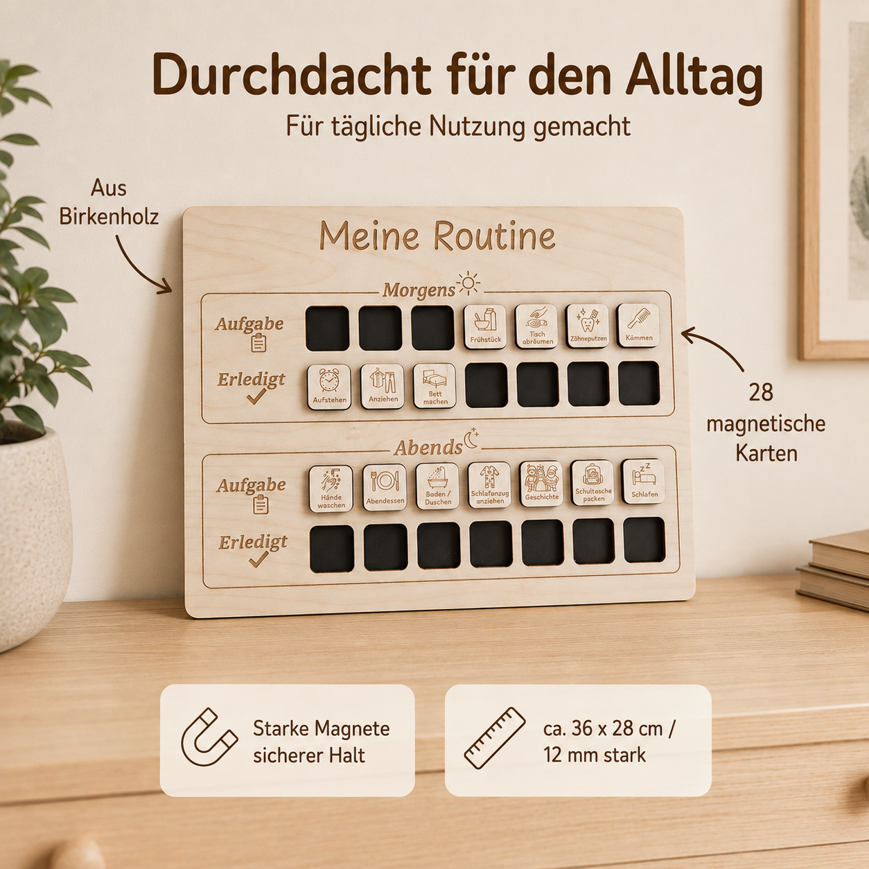 Routinetafel für Kinder aus Birkenholz mit 28 magnetischen Karten für den Familienalltag
