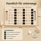 Schnitzeljagd Strand aus Holz mit praktischen Tragegriffen und wiederverwendbaren Tafelfeldern.