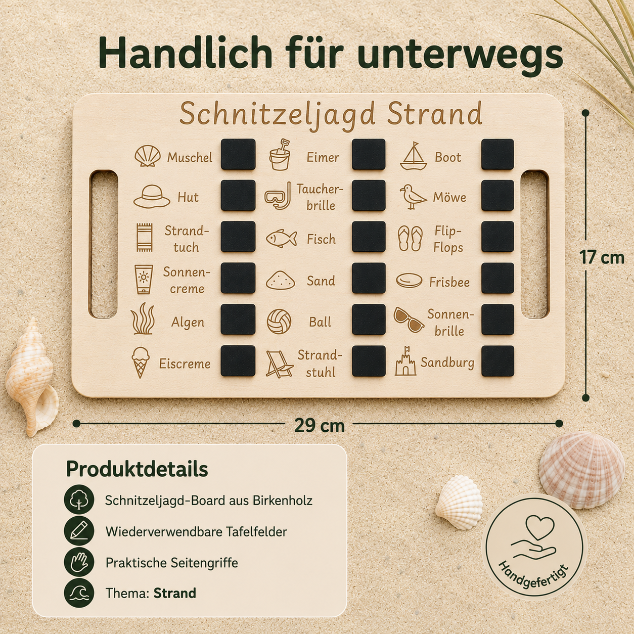 Schnitzeljagd Strand aus Holz mit praktischen Tragegriffen und wiederverwendbaren Tafelfeldern.