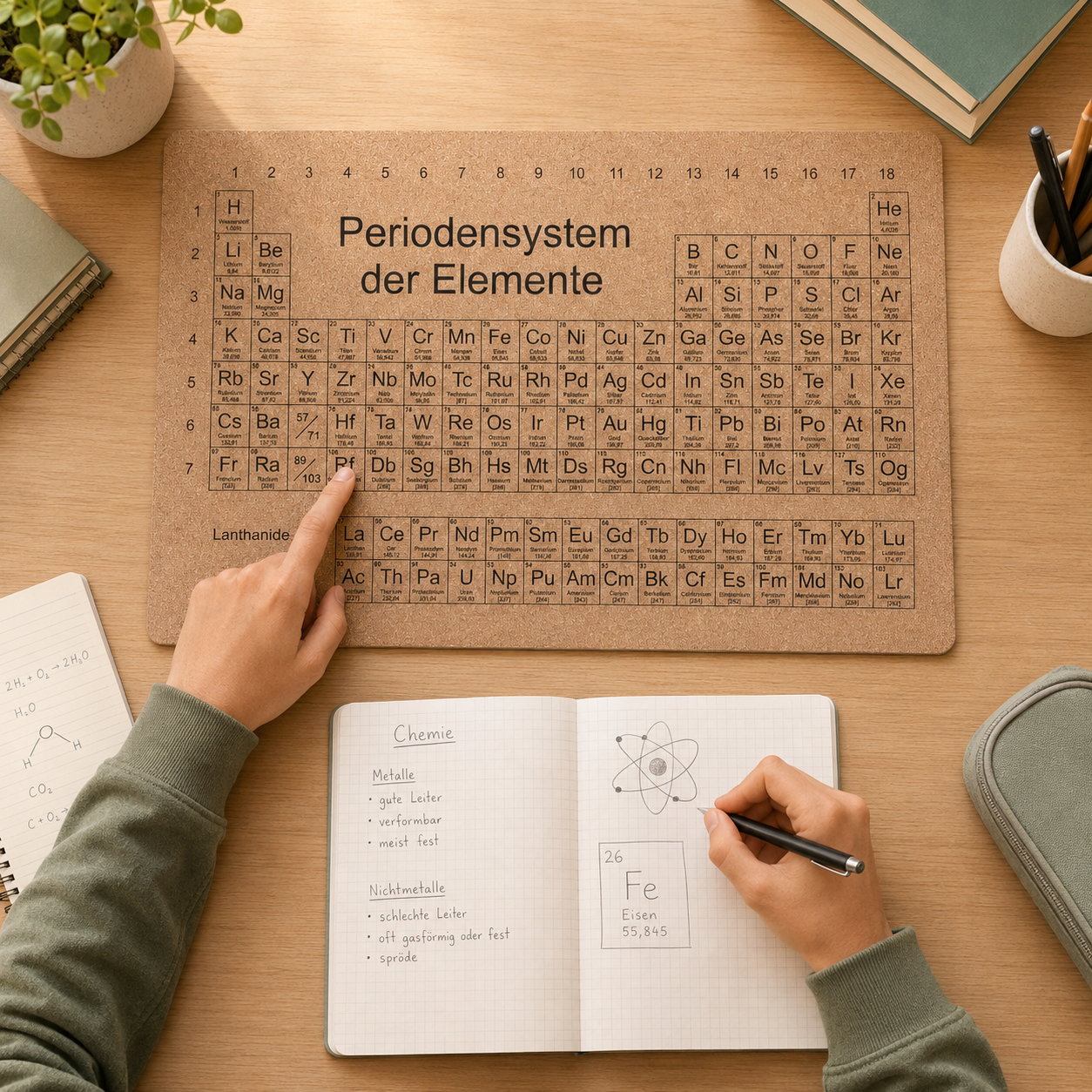Periodensystem der Elemente auf Schreibtischunterlage mit lernender Person am Schreibtisch