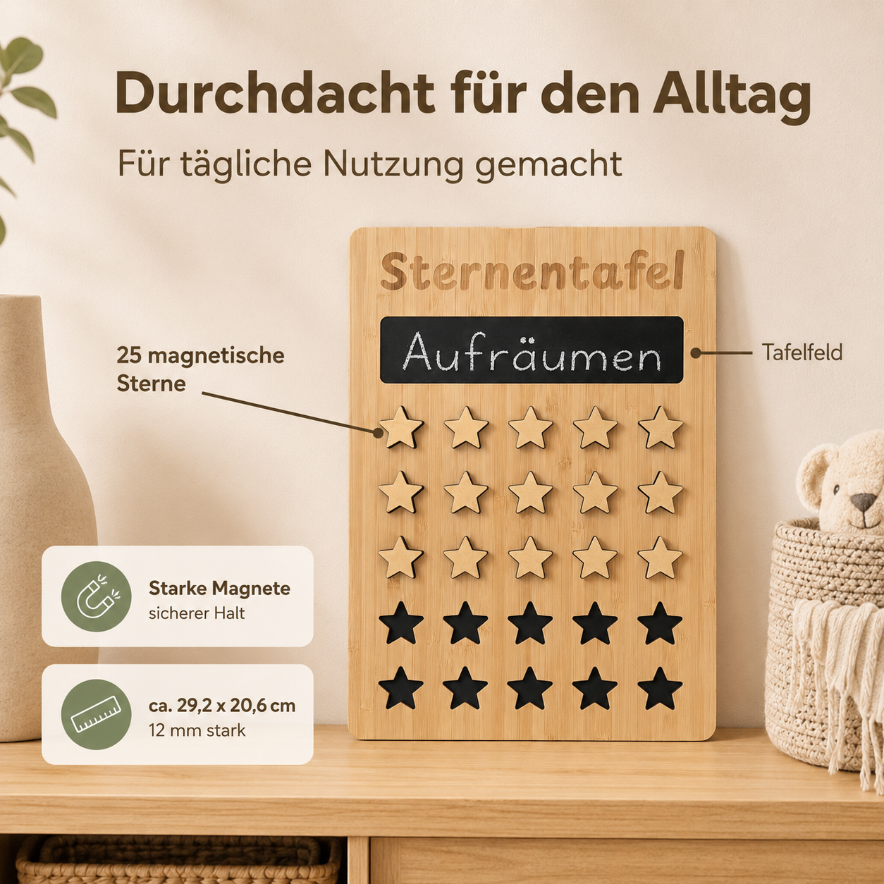 Sternentafel aus Holz mit Kreidefeld, 25 magnetischen Sternen und sicheren Magneten