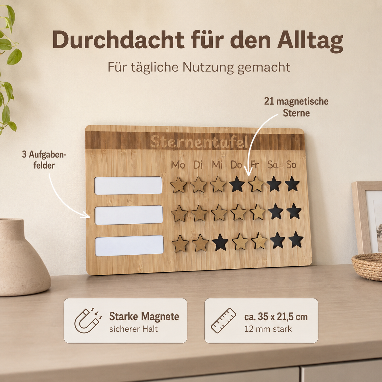 Sternentafel aus Holz mit drei Aufgabenfeldern, Wochenübersicht und 21 magnetischen Sternen