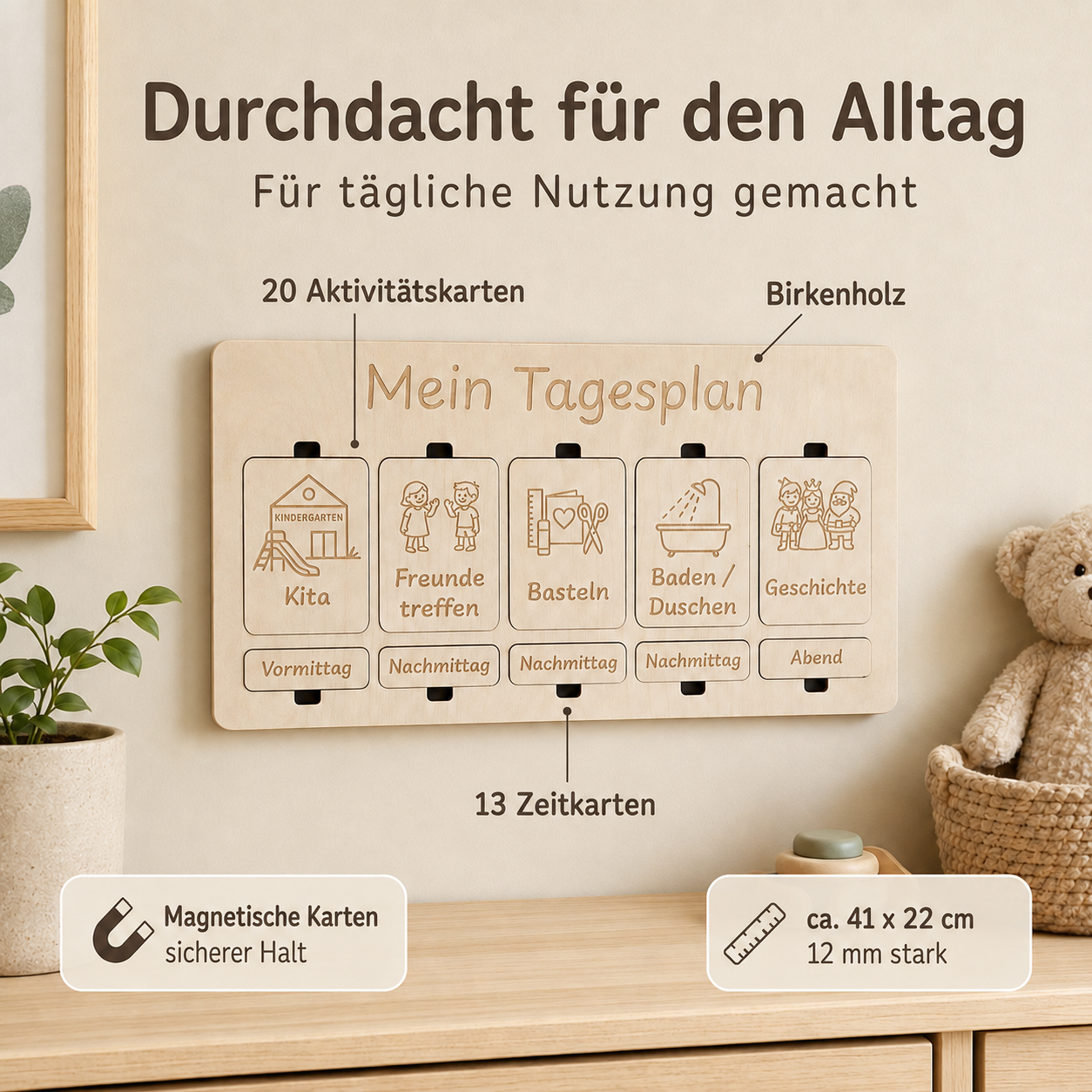 Tagesplan für Kinder aus Birkenholz mit 20 Aktivitätskarten, 13 Zeitkarten und magnetischen Karten