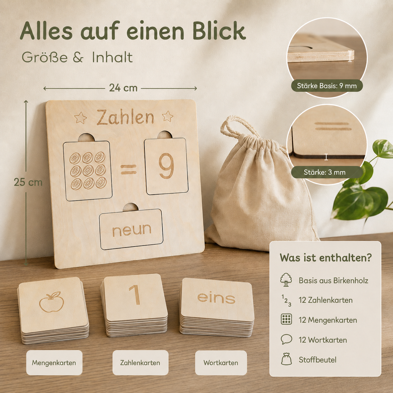 Zahlen-Lernbrett aus Birkenholz im Überblick