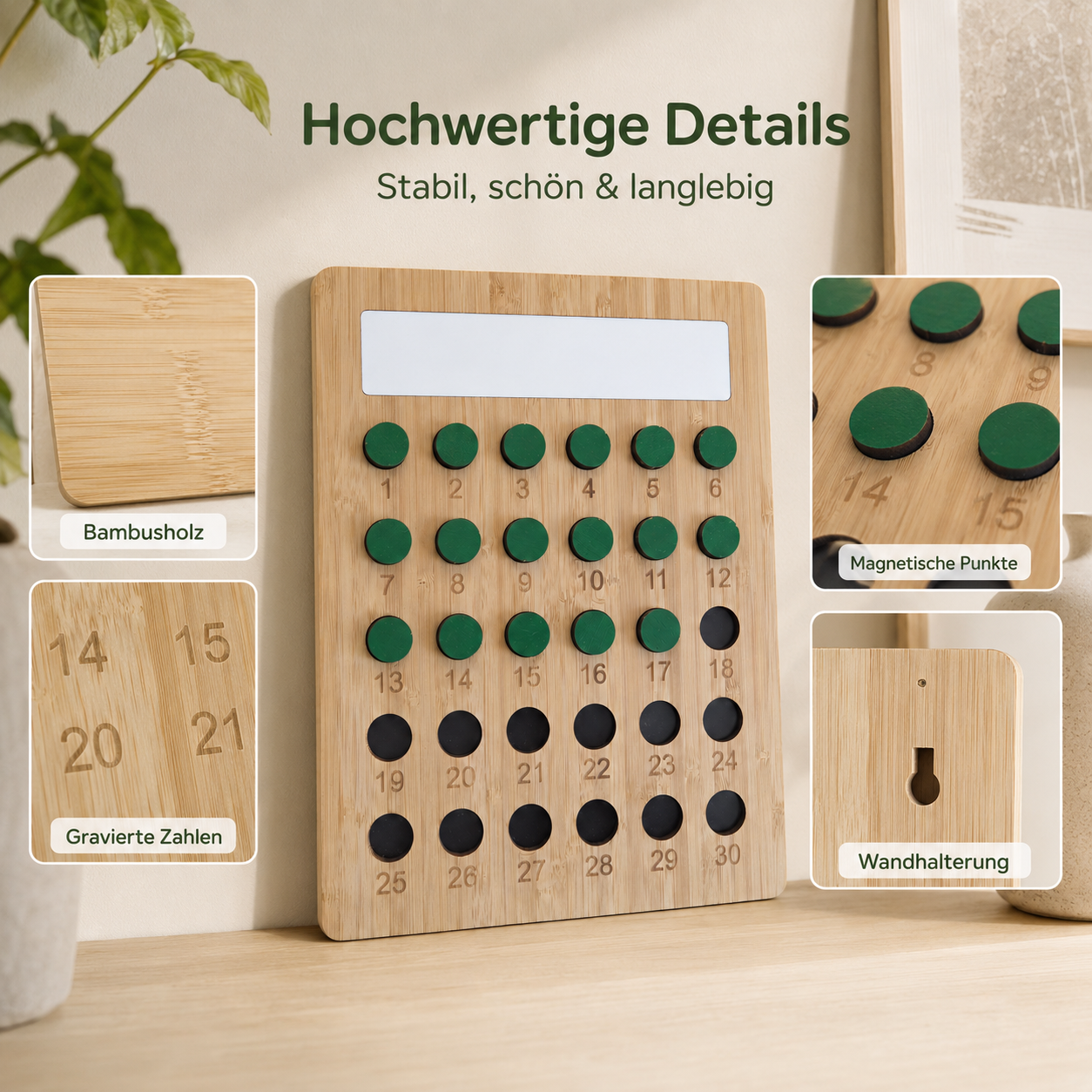 Detailansicht des magnetischen Habit-Trackers mit gravierten Zahlen, Magneten und Wandhalterung