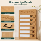 Detailansicht der Bambus-Checkliste mit graviertem Text, Schiebereglern und Wandhalterung