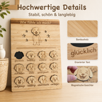 Detailansicht der Gefühlstafel Hund aus Bambusholz mit graviertem Text und magnetischen Gesichtern