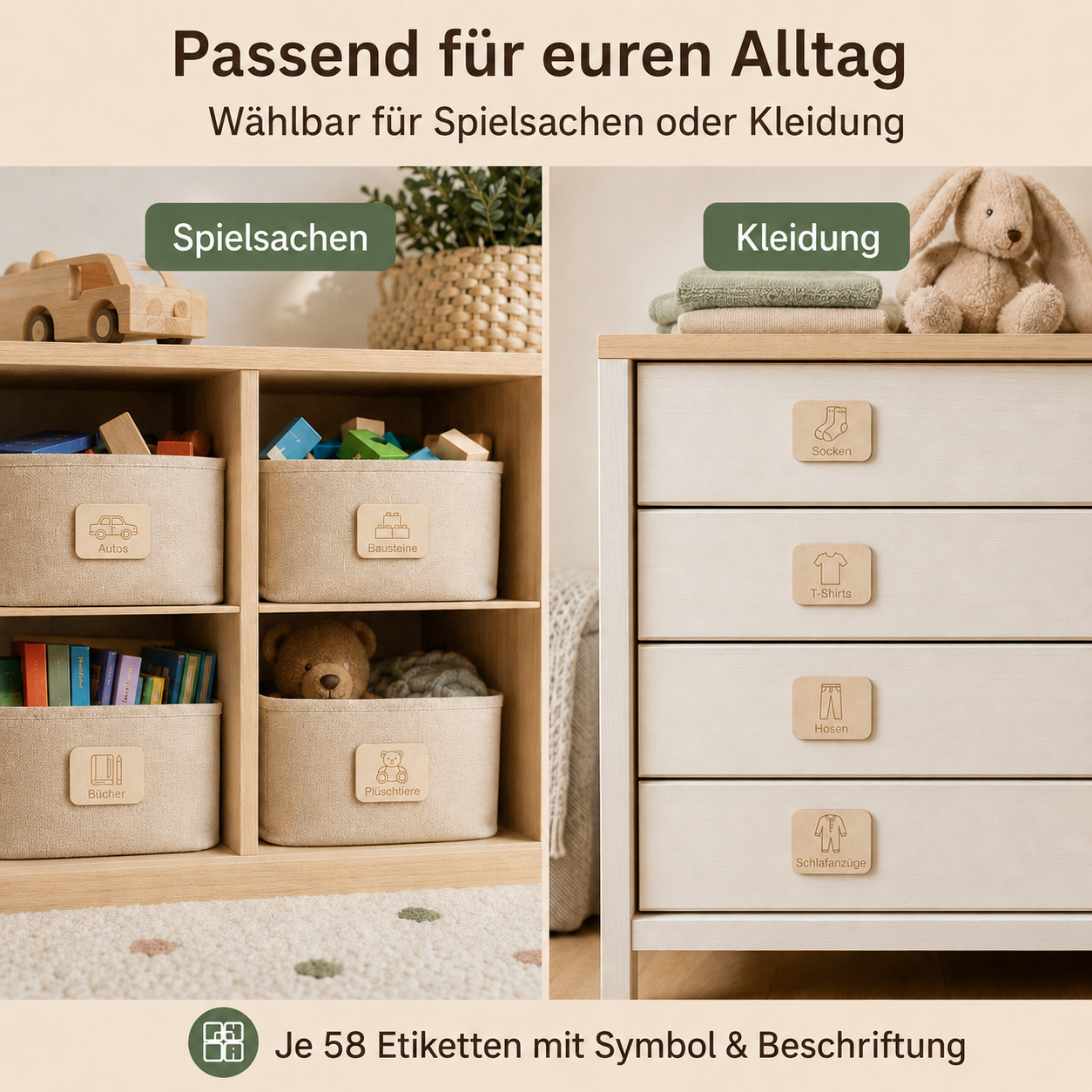 Kinderzimmer Etiketten aus Holz für Spielsachen oder Kleidung, mit Symbolen und Beschriftung zur einfachen Organisation im Alltag