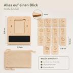Übersicht zum Schreiblernset aus Holz mit 14 gravierten Wortkarten und Baumwollbeutel