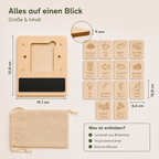 Übersicht zum Schreiblernset aus Holz mit 14 gravierten Wortkarten und Baumwollbeutel