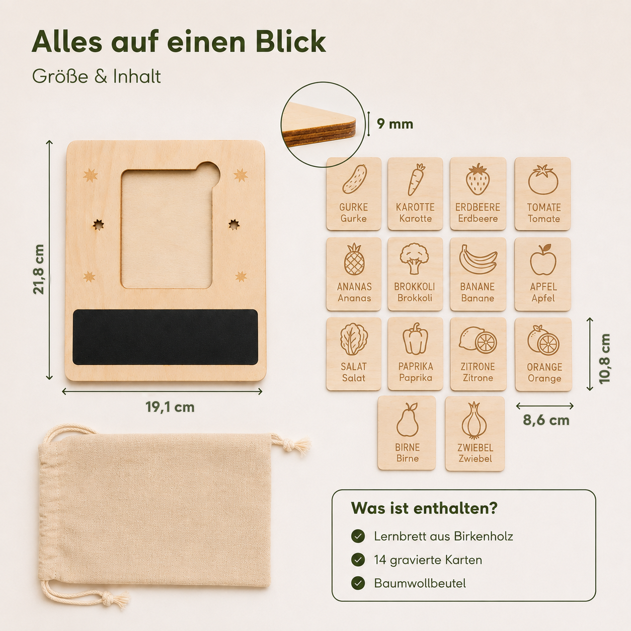Übersicht zum Schreiblernset aus Holz mit 14 gravierten Wortkarten und Baumwollbeutel