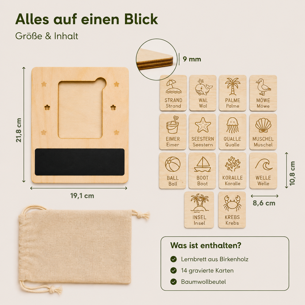 Übersicht zum Schreiblernset aus Holz mit 14 gravierten Wortkarten und Baumwollbeutel