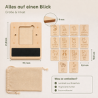 Übersicht zum Schreiblernset aus Holz mit 14 gravierten Wortkarten und Baumwollbeutel