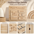 Detailansicht des Montessori-Dauerkalenders aus Holz mit Bambusholz, hochwertiger Gravur, magnetischen Kärtchen und Wandhalterung