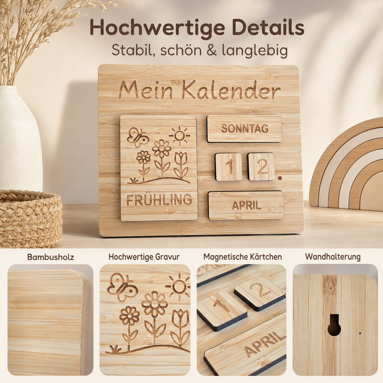 Detailansicht des Montessori-Dauerkalenders aus Holz mit Bambusholz, hochwertiger Gravur, magnetischen Kärtchen und Wandhalterung