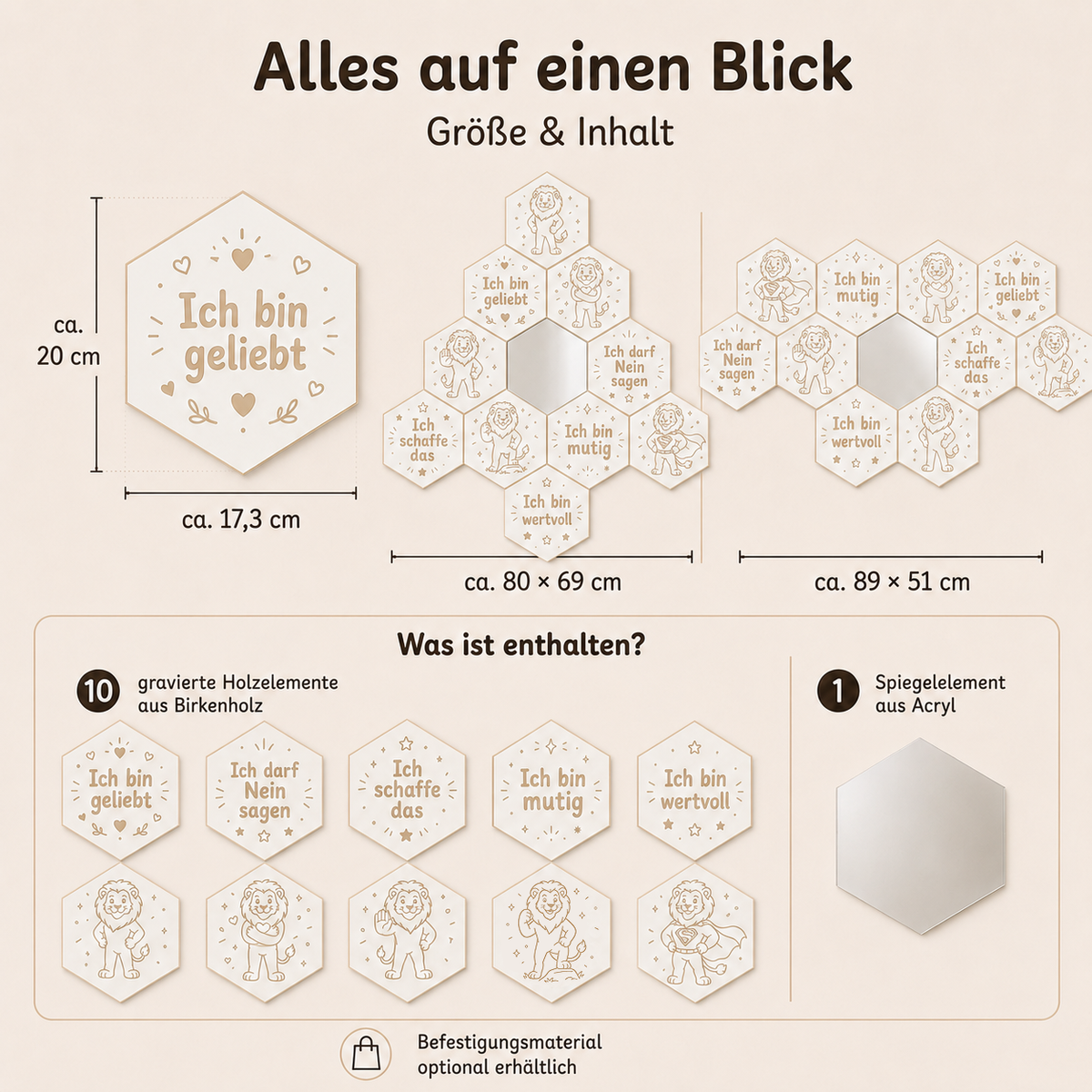 Mutmach-Spiegel Löwe weiß mit Größenübersicht, 10 gravierten Birkenholz-Elementen und Acrylspiegel