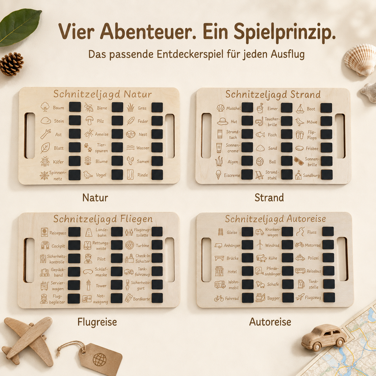Übersicht Schnitzeljagd-Boards aus Holz für Natur, Strand, Flugreise und Autoreise als Entdeckerspiel für unterwegs.