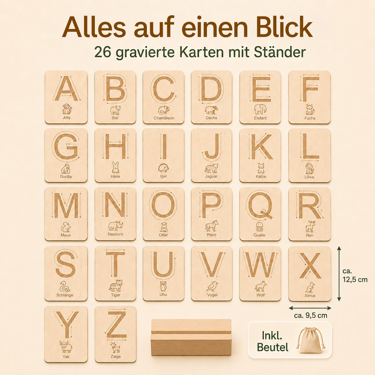 Komplettes Set sensorischer Holz-Buchstabenkarten von A bis Z mit Tiermotiven, Schreibpfeilen, Holzständer und Beutel