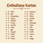 Komplettes Set sensorischer Holz-Buchstabenkarten von A bis Z mit Tiermotiven, Schreibpfeilen, Holzständer und Beutel