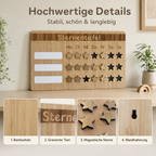 Detailansicht der Wochenroutine-Sternentafel aus Bambusholz mit graviertem Text, magnetischen Sternen und Wandhalterung