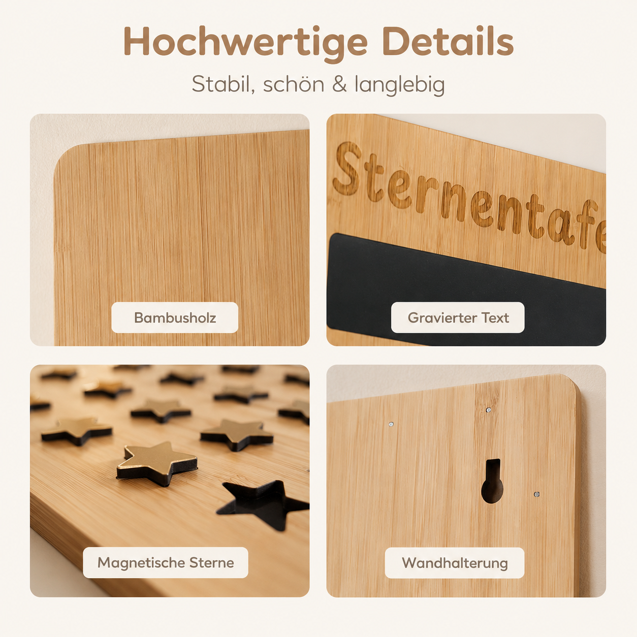 Detailansicht der Sternentafel aus Bambusholz mit graviertem Text, magnetischen Sternen und Wandhalterung