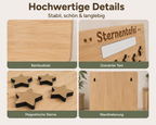 Detailansicht der Sternentafel aus Bambusholz mit graviertem Text, magnetischen Sternen und Wandhalterung