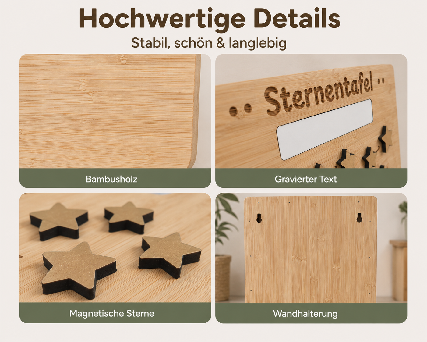 Detailansicht der Sternentafel aus Bambusholz mit graviertem Text, magnetischen Sternen und Wandhalterung