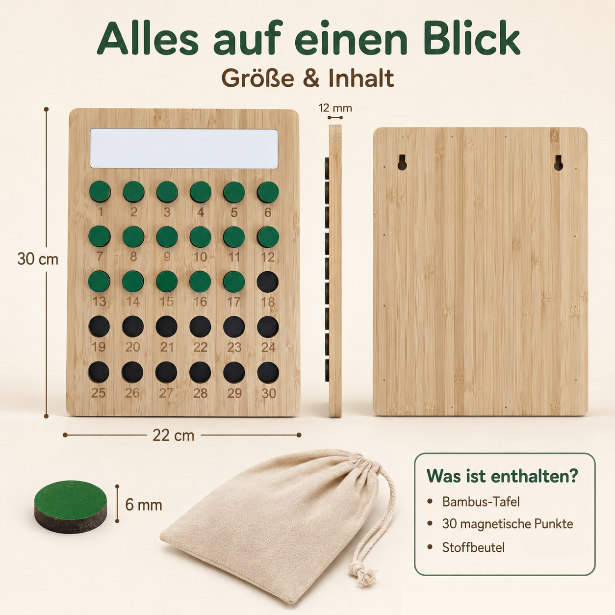 Holz-Gewohnheitstracker mit 30-Tage-Plan, 30 Magneten und Stoffbeutel