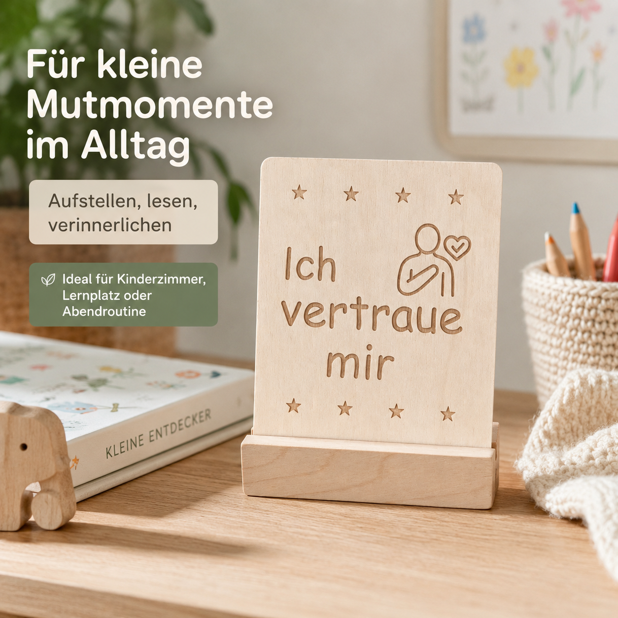 Affirmationskarte aus Holz mit der Botschaft "Ich vertraue mir" für kleine Mutmomente im Alltag