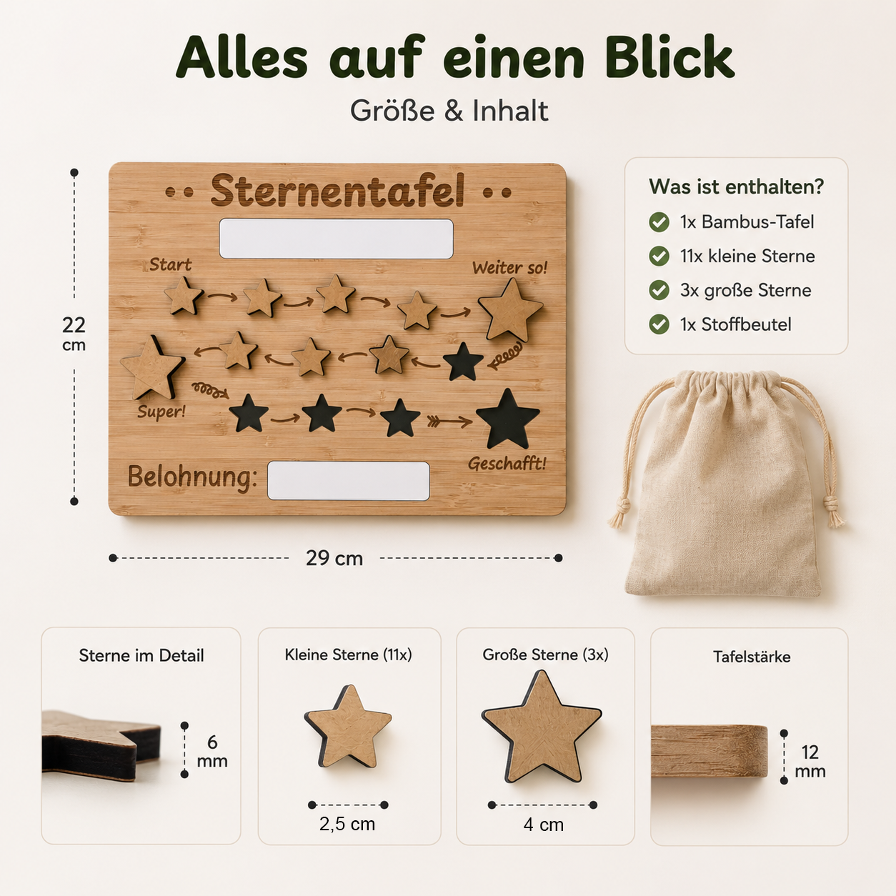 Belohnungstafel aus Holz mit magnetischen Sternen und Stoffbeutel