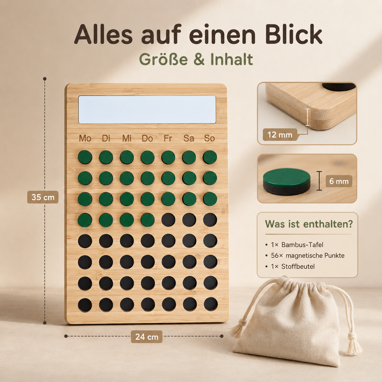Holz-Gewohnheitstracker mit 8-Wochen-Plan, 56 Magneten und Stoffbeutel