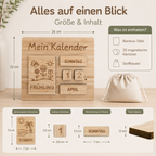 Übersicht des Montessori-Dauerkalenders aus Holz mit Bambustafel, 35 magnetischen Kärtchen und Stoffbeutel