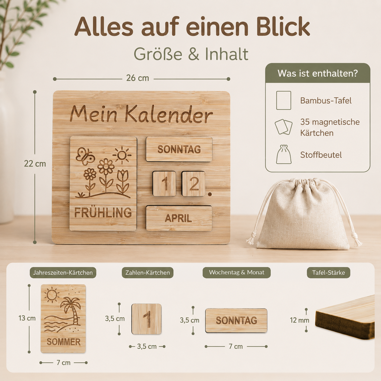 Übersicht des Montessori-Dauerkalenders aus Holz mit Bambustafel, 35 magnetischen Kärtchen und Stoffbeutel