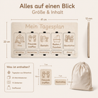 Tagesplan aus Holz für Kinder mit Maßen, Aktivitätskarten, Zeitkarten und Stoffbeutel