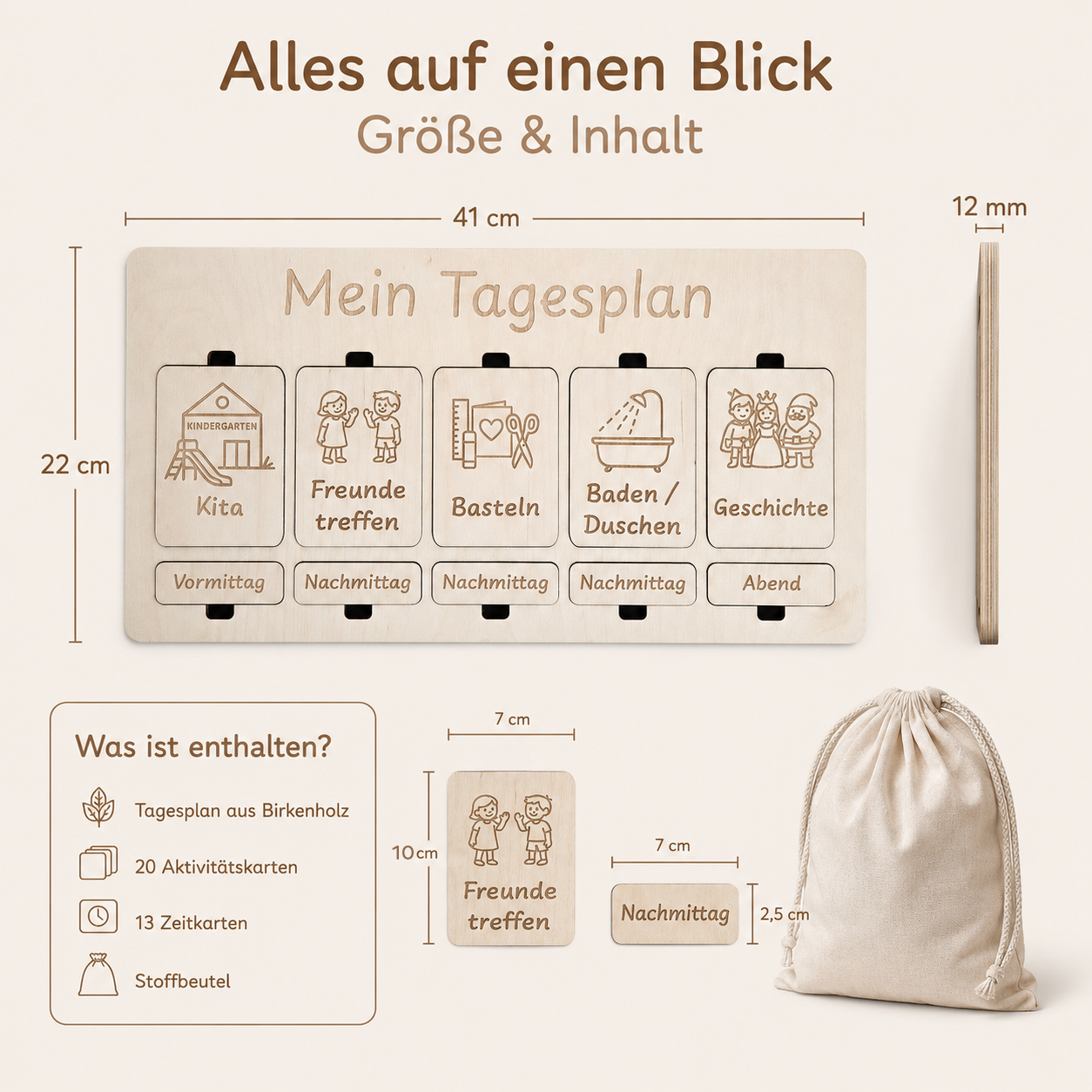 Tagesplan aus Holz für Kinder mit Maßen, Aktivitätskarten, Zeitkarten und Stoffbeutel
