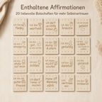 Übersicht der 20 Affirmationskarten aus Holz mit kindgerechten Botschaften für mehr Selbstvertrauen