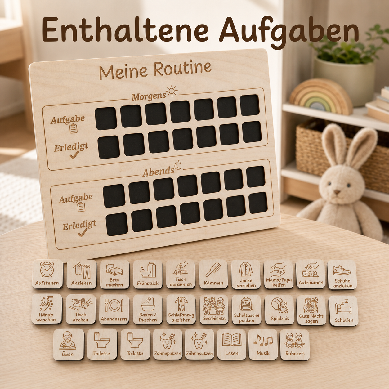 Enthaltene Aufgabenkarten für die Routinetafel aus Holz mit Morgen- und Abendroutine